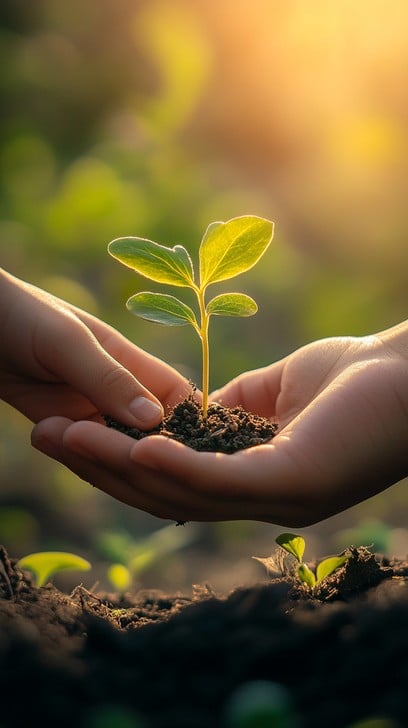 Hands nurturing a young plant in sunlight
